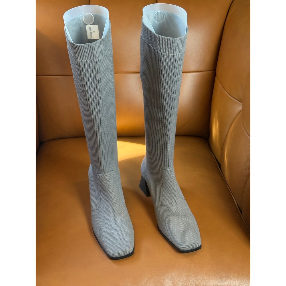 Dream Pairs Women Grey Knit Square Toe Knee High Sock Block Heel Boots 8